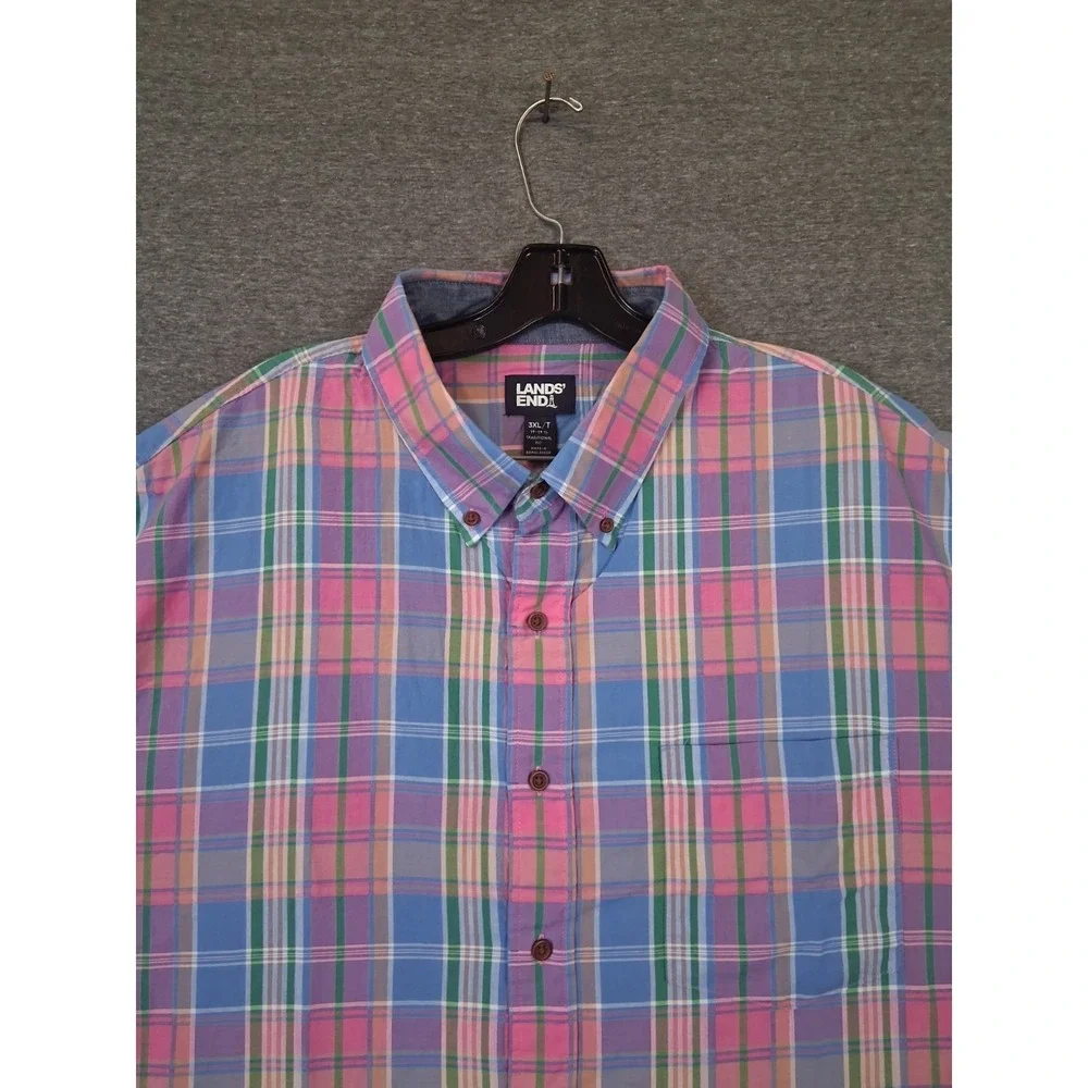 Lands End Mens Shirt 3XLT Blue Multi Plaid Coastal Resort 100% Cotton Spring‎